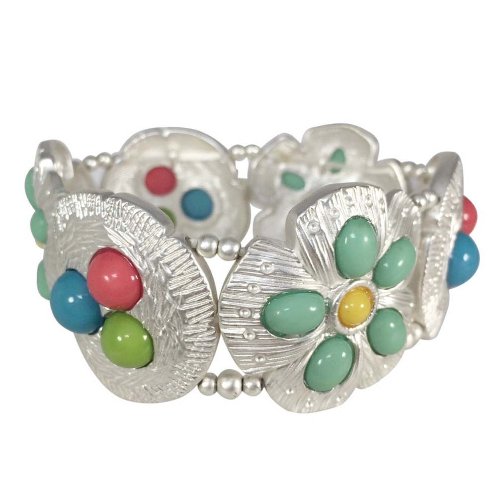 Multicolor Flower Dot Silver Tone Panel Stretch Bracelet